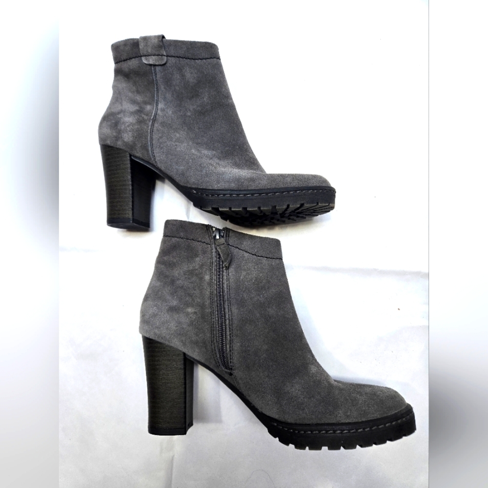 Leather boots with 4" heel. Grey suede with black heel.  Women's size 7 5